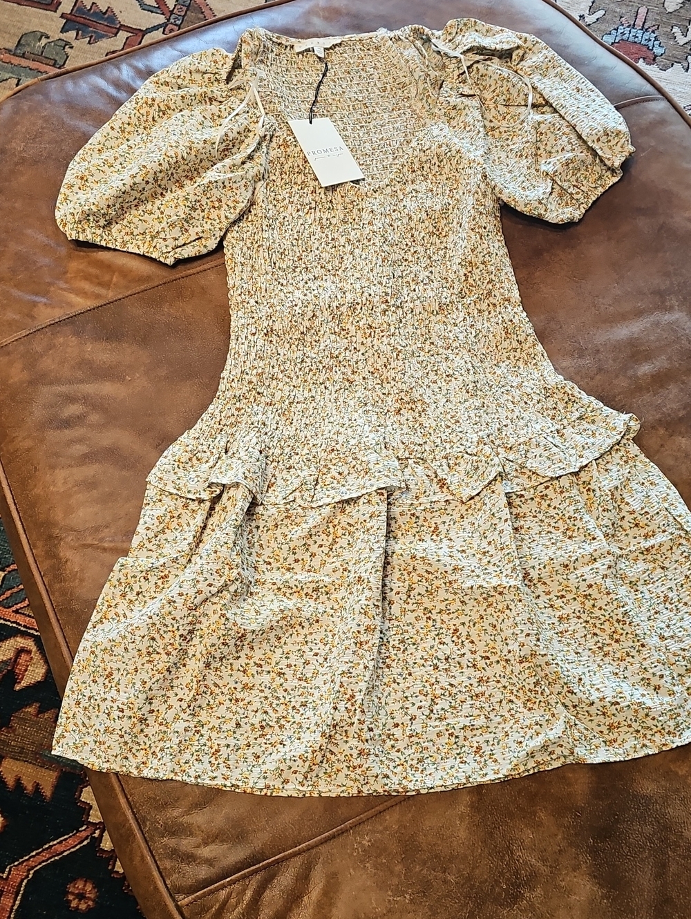 Romantic Floral Smocked  Dress - Cream/Mustard